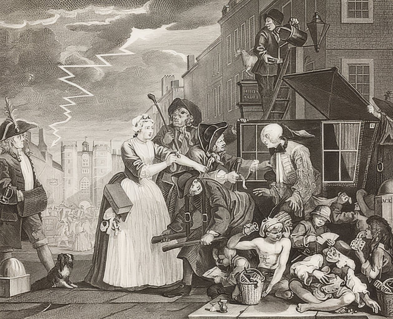 El progreso de un libertino, lámina 4: El libertino arrestado, yendo a la corte / El camino de un libertino, lámina 4: Tom Rakewell arrestado y rescatado. 1735 de William Hogarth