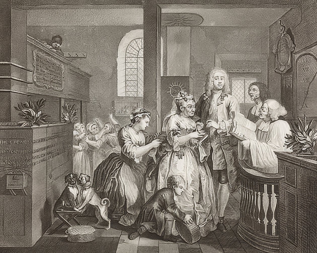 El progreso de un libertino, lámina 5: El libertino casándose con una anciana rica. 1735 de William Hogarth