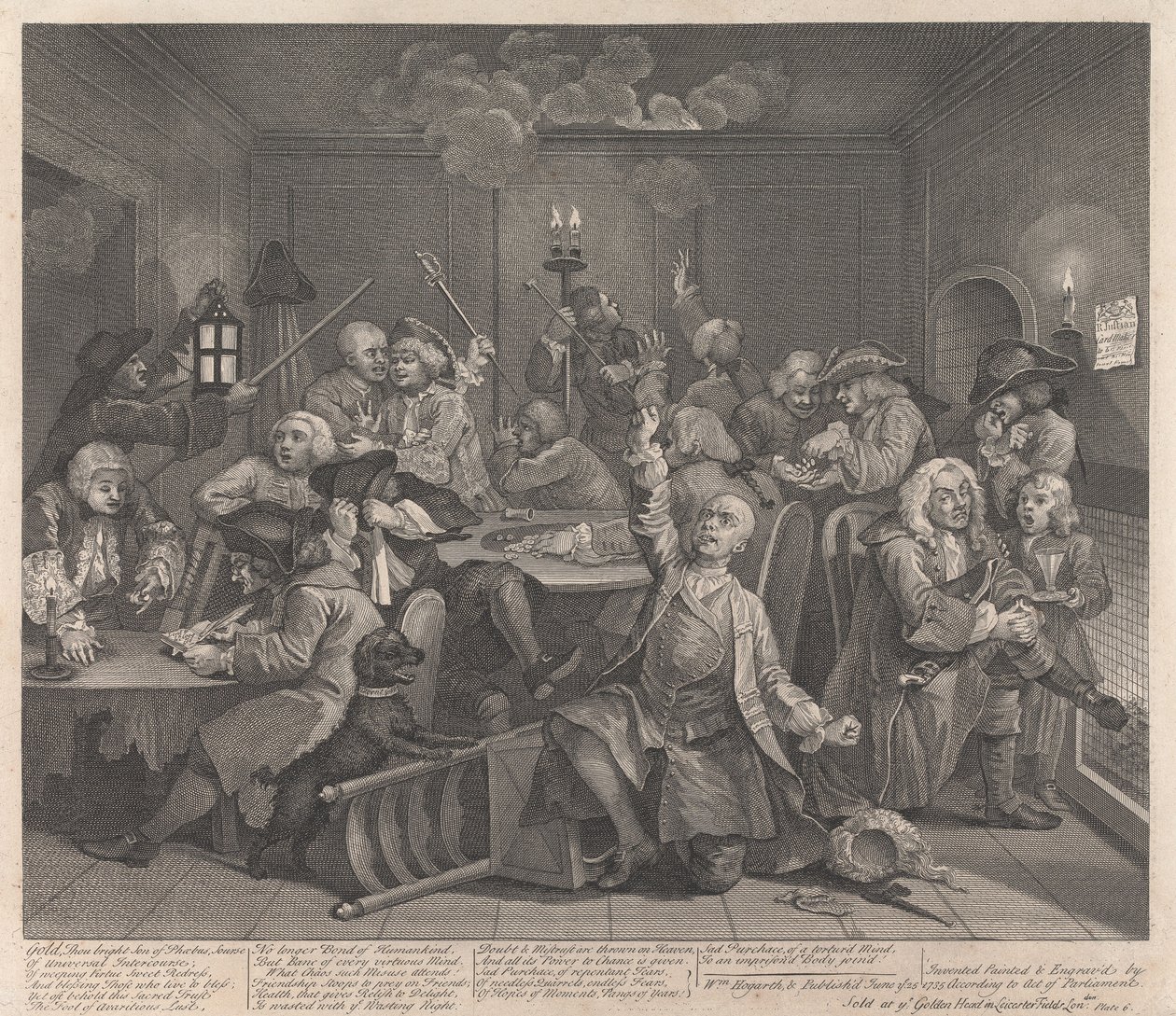 La carrera de un libertino, lámina 6: juega de William Hogarth