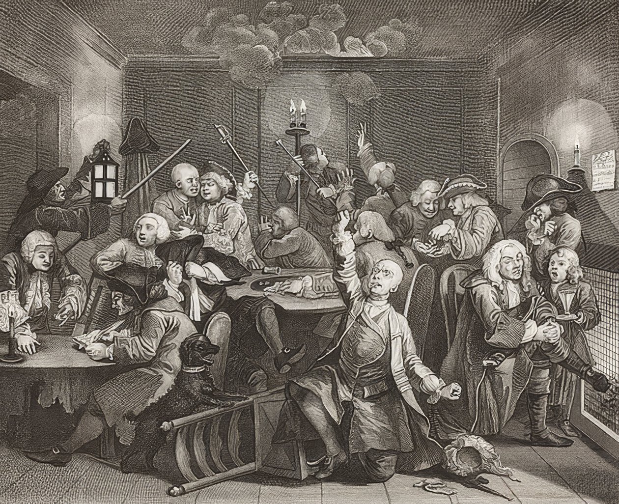 El progreso de un libertino, Placa 6: El libertino en una casa de juego de William Hogarth