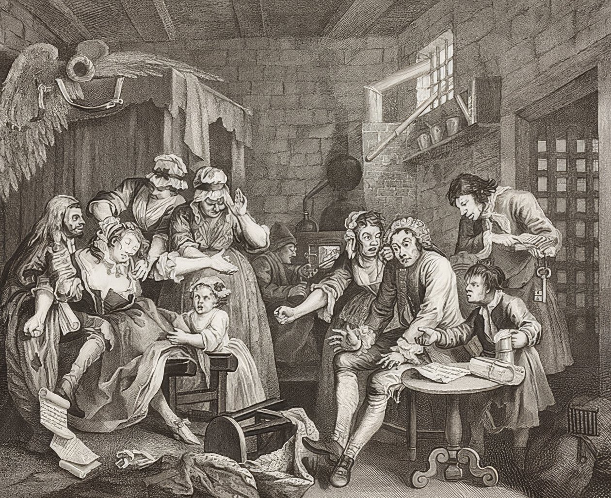 A Rake’s Progress, Plate 7: El libertino en prisión. 1735 de William Hogarth