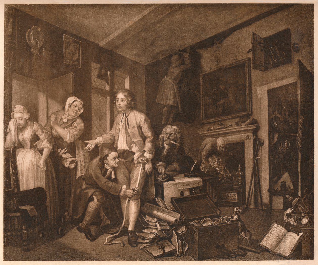 El progreso de un libertino, escena I, 1735 de William Hogarth