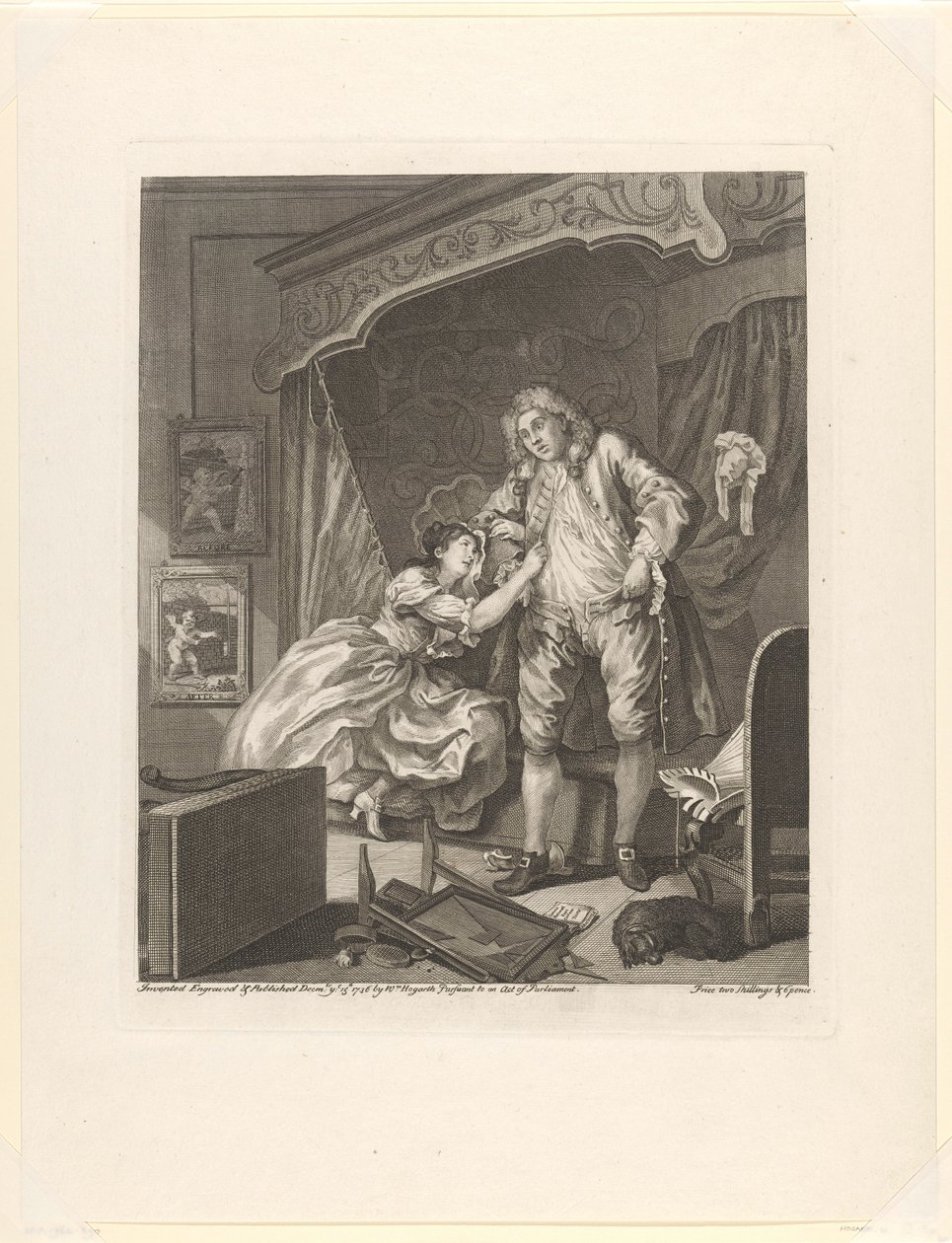 "Después
Una mujer se cuelga del brazo de un hombre en un dormitorio
Después (título en el objeto)
Antes y después (título de la serie)
Antes y después (título de la serie) de William Hogarth