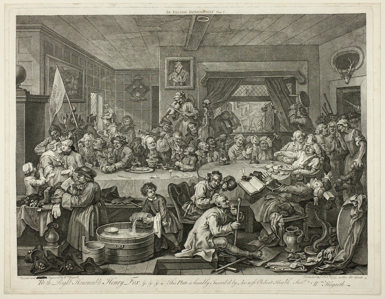 Una fiesta electoral, lámina uno de Cuatro impresiones de una elección de William Hogarth