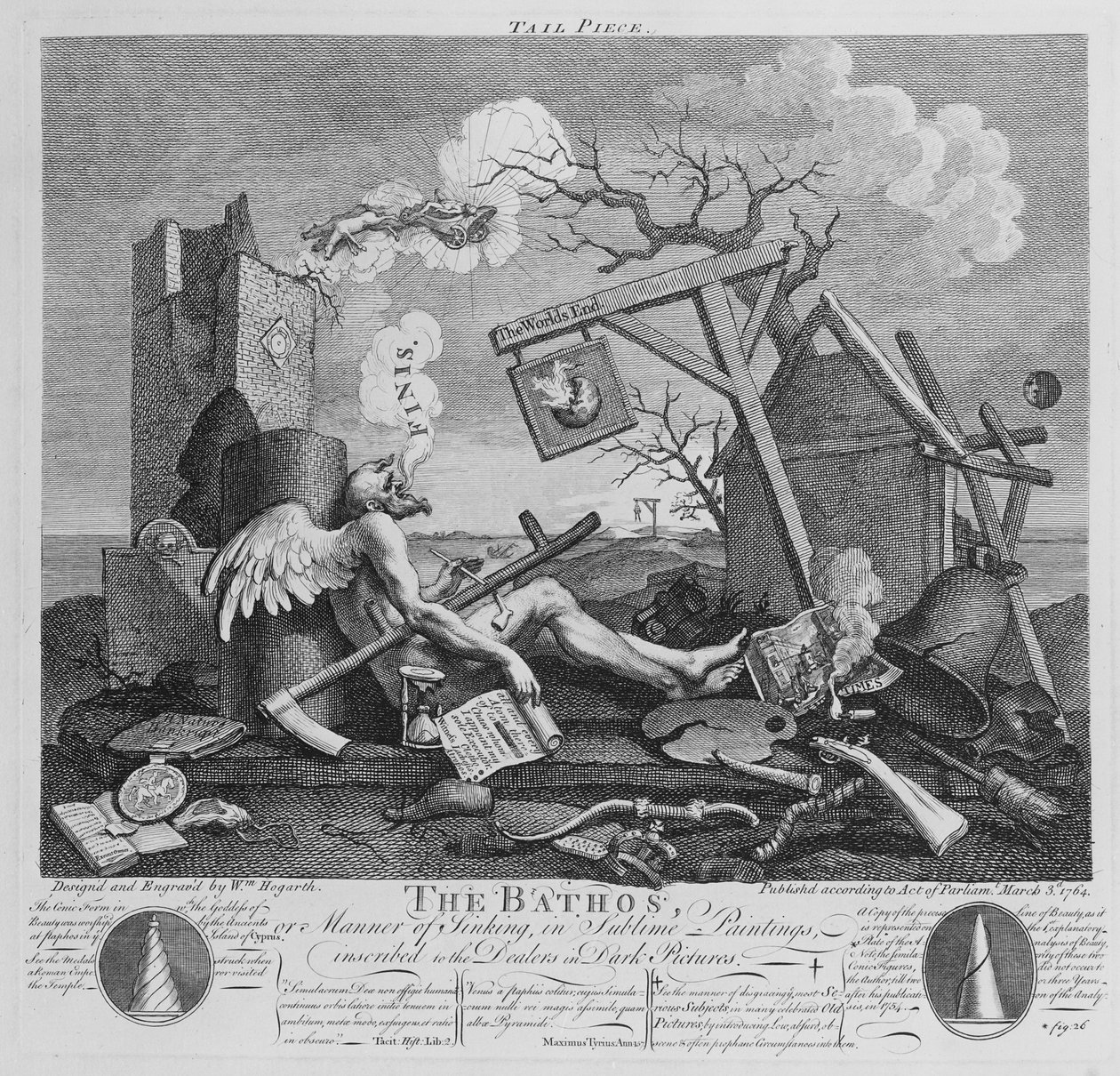 Bathos, Manera de hundirse, en pinturas sublimes inscritas a los comerciantes de cuadros oscuros, 1764 de William Hogarth