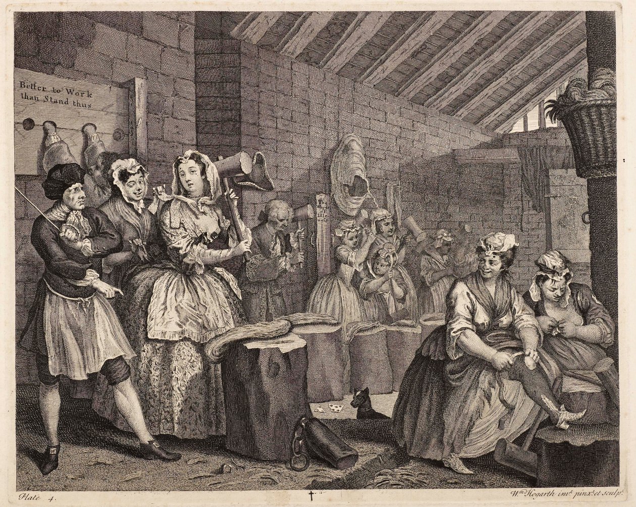 Machacado de cáñamo en Bridewell: La carrera de una prostituta, lámina 4 de William Hogarth