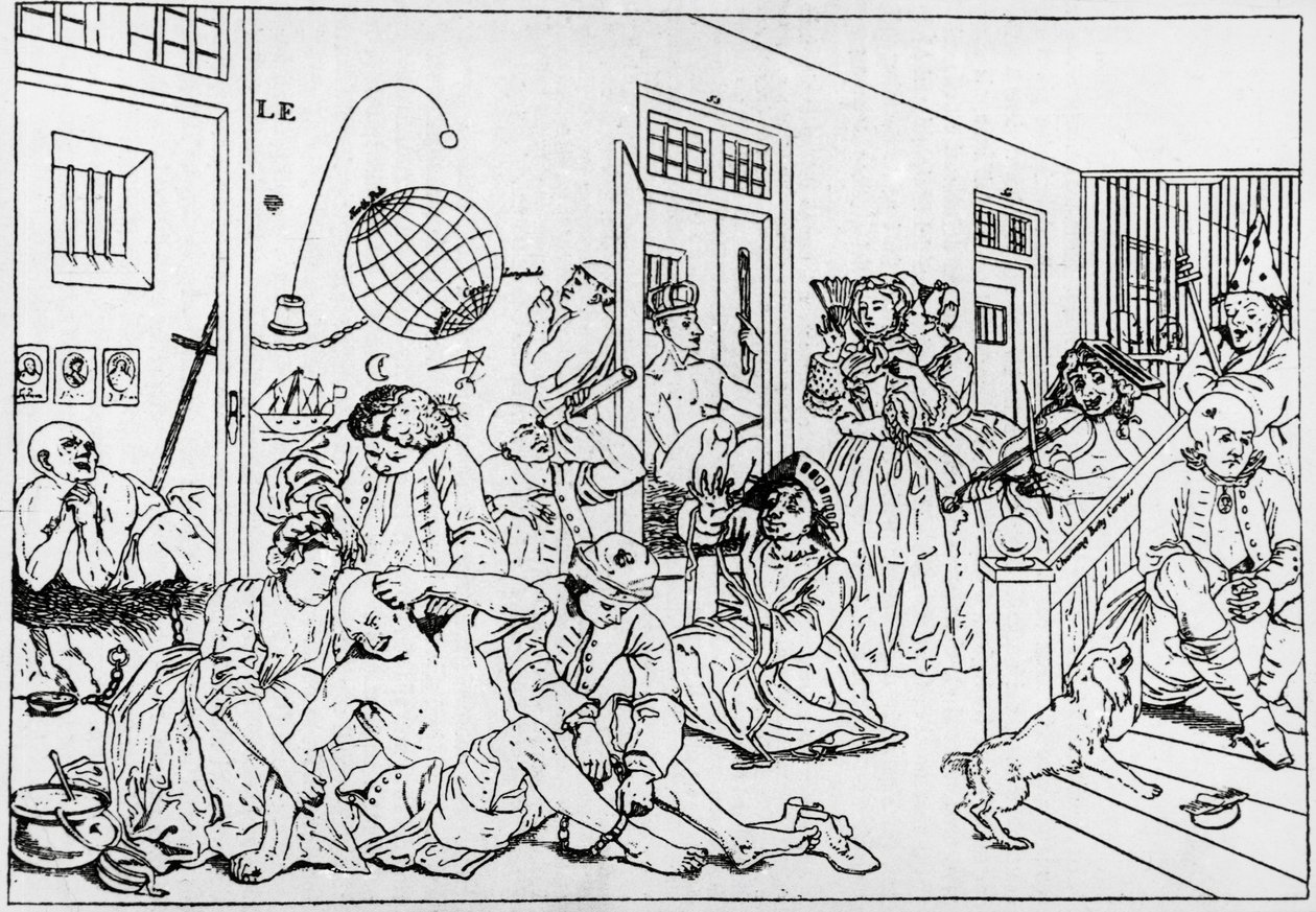 Institución mental Bedlam, grabado de la serie El progreso del libertino, por William Hogarth de William Hogarth