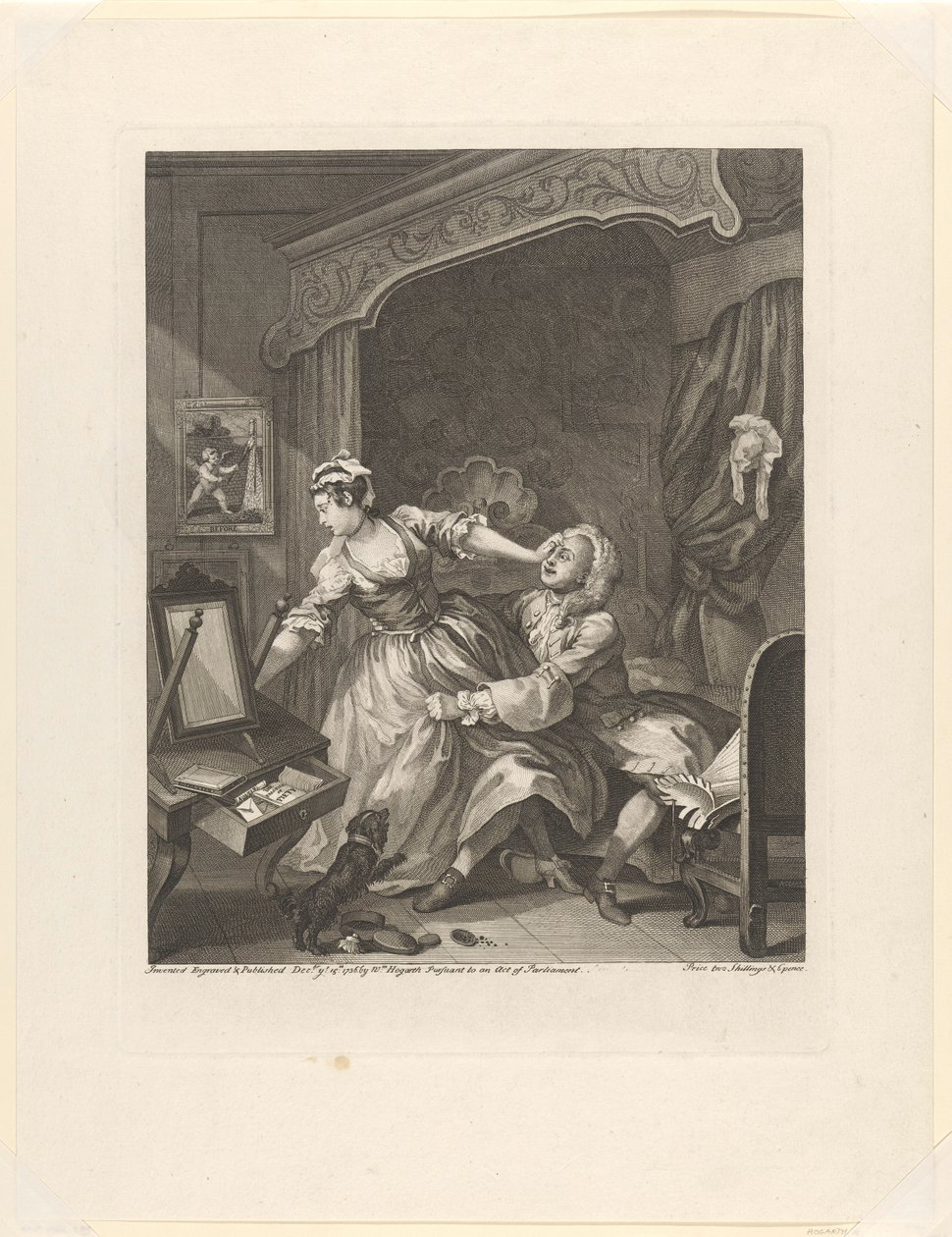 "Antes
Un hombre tira de una mujer que se resiste hacia él en un dormitorio
Antes (título en el objeto)
Antes y después (título de la serie)
Antes y después (título de la serie) de William Hogarth