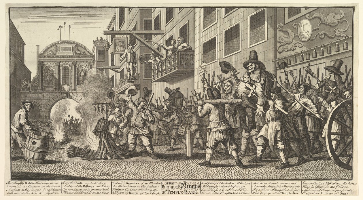 Quemando los Rumps en Temple Bar, Doce Grandes Ilustraciones para Hudibras de Samuel Butler, 1725-68 de William Hogarth