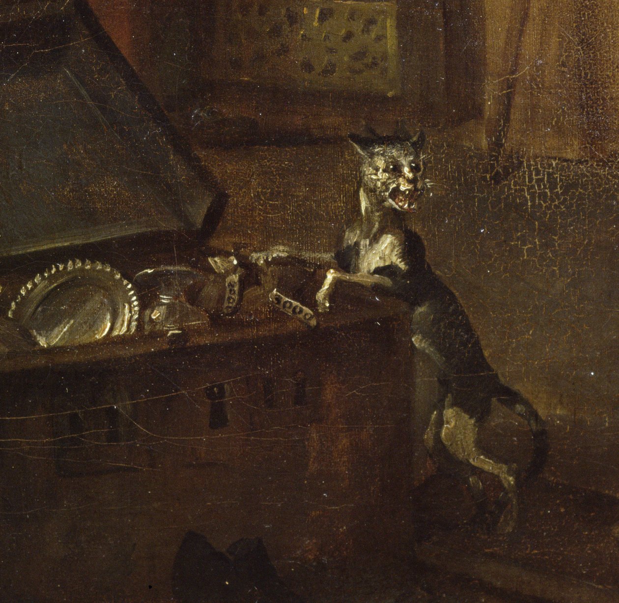 Gato con un cofre, detalle de A Rakes Progress I: El Rake tomando posesión de su herencia, 1733 (detalle) de William Hogarth