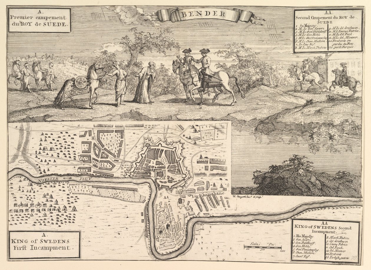 Carlos XII en Bender, de los Viajes de Aubry de La Mottraye por Europa, Asia y más allá, 1723-24 de William Hogarth