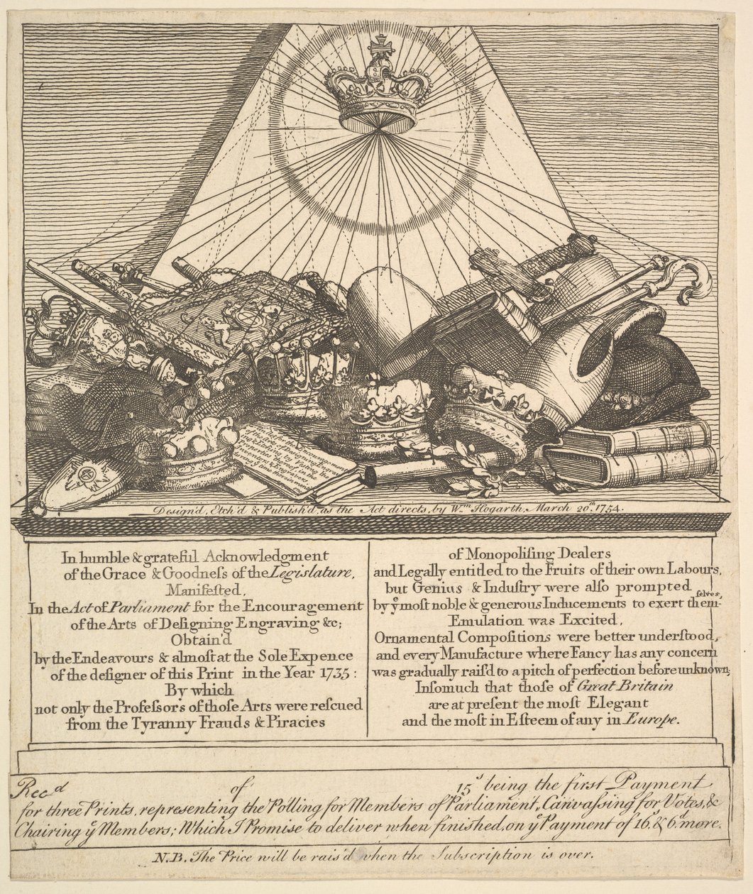 Coronas, Mitras, Mazas, etc., 1755 de William Hogarth
