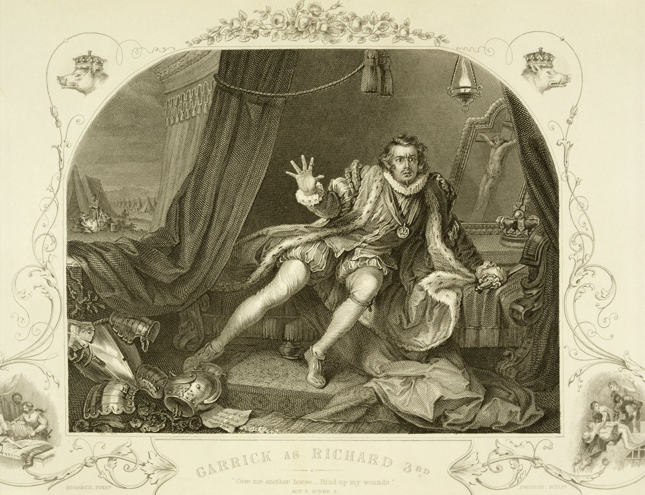 David Garrick (1717-79) como Ricardo III, Acto V Escena 3, en la obra de William Shakespeare, grabado por Portbury de William Hogarth