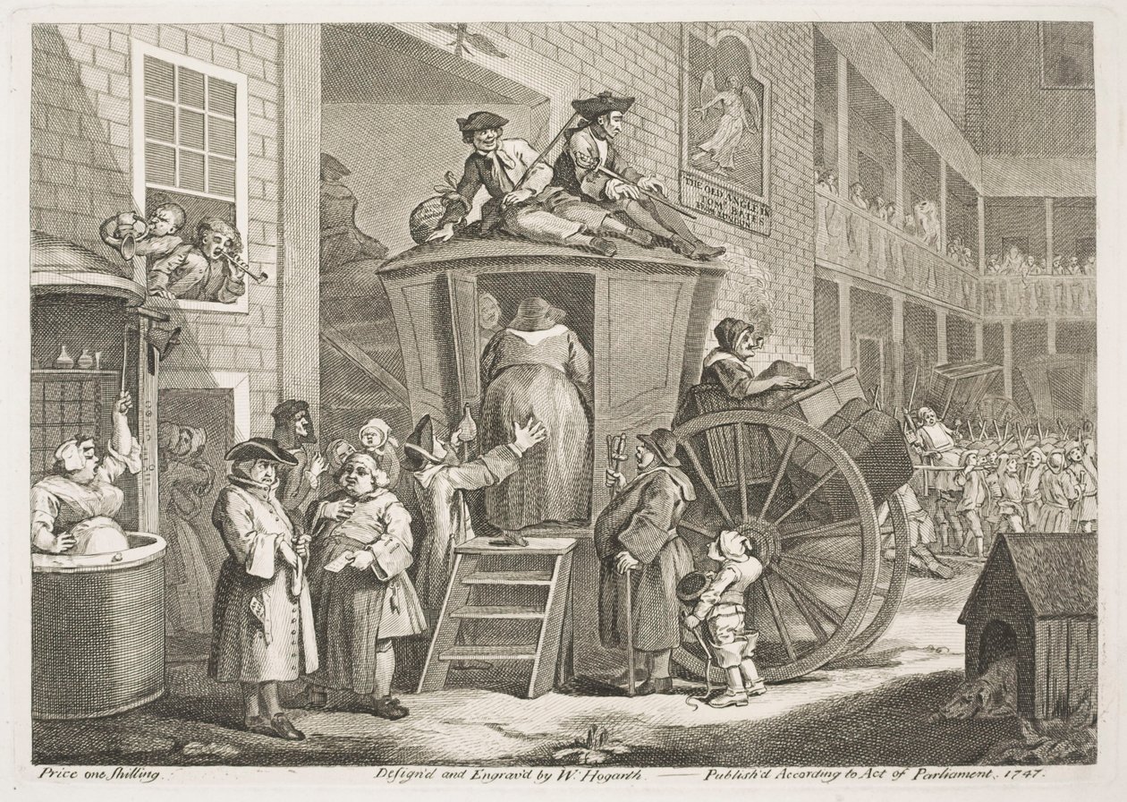 La diligencia o el patio de la posada en el campo de William Hogarth