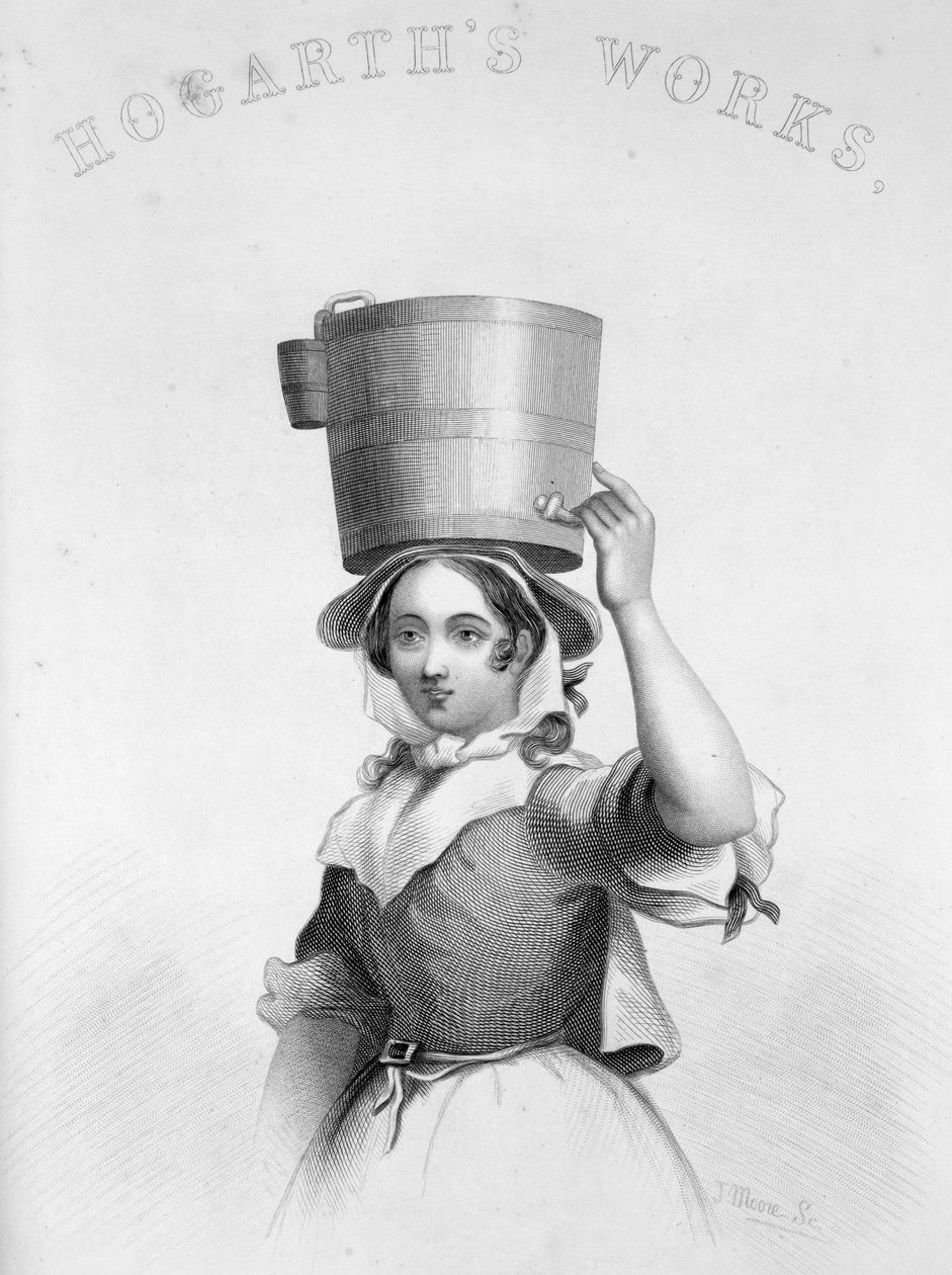 Representación de J. Moore como grabado de la lechera del músico enfurecido de Hogarth de William Hogarth