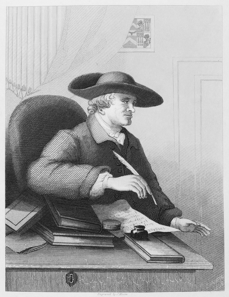 Dr. Thomas Morell, el erudito e impresor. Es conocido por ser libretista y escribió el relato más detallado de la colaboración con Handel. Grabado por J. Moore después de William Hogarth de William Hogarth