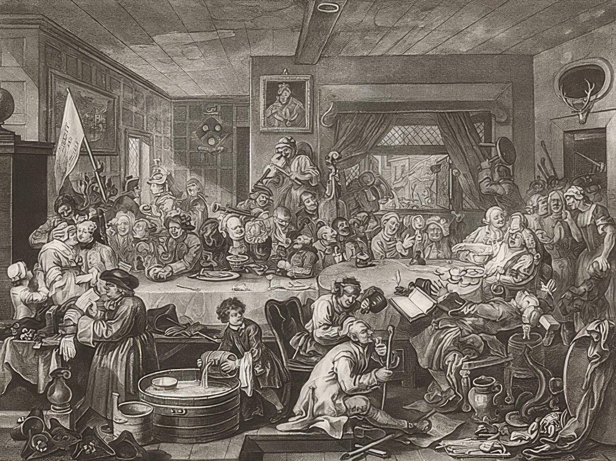 Cuatro impresiones de una elección / Die Parlamentswahlen. Blatt 1: Un entretenimiento electoral de William Hogarth