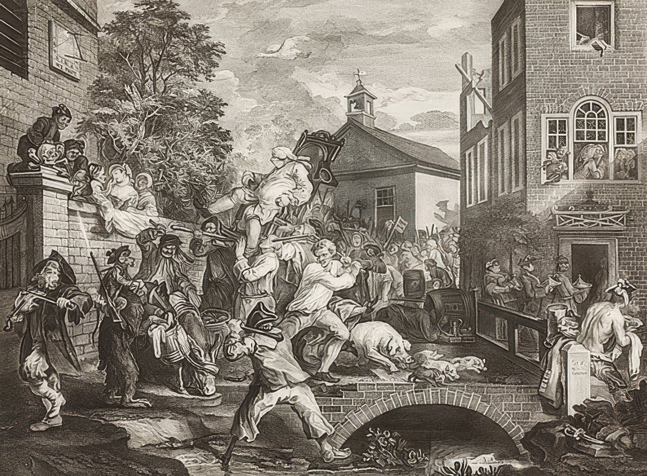 Cuatro impresiones de una elección / Las elecciones parlamentarias. Hoja 4: Triunfo de los miembros de William Hogarth