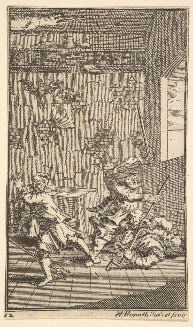 Hudibras Golpeando a Sidrophel y Whachum Diecisiete Pequeñas Ilustraciones para Samuel Butler, 1721-26 de William Hogarth