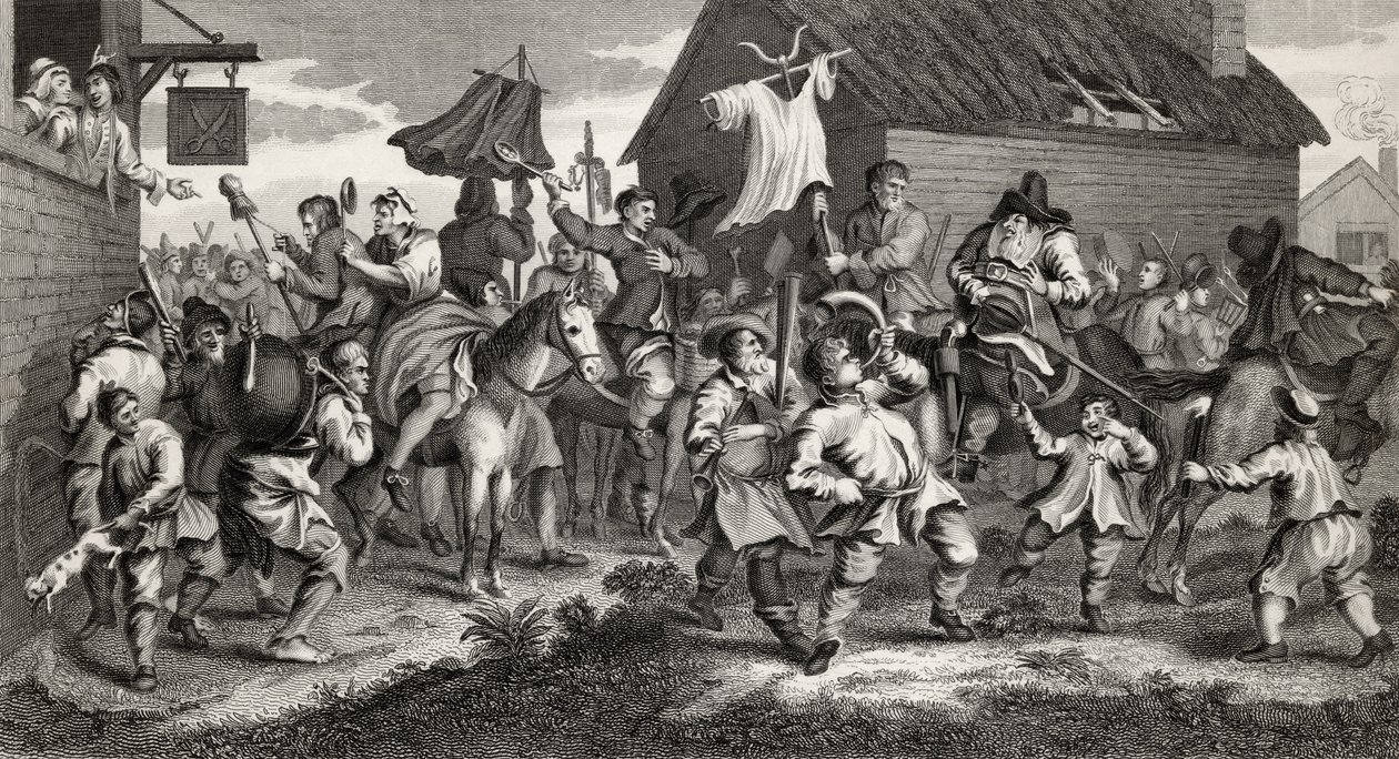 Hudibras se encuentra con el Skimmington, grabado por T.E. Nicholson, de 