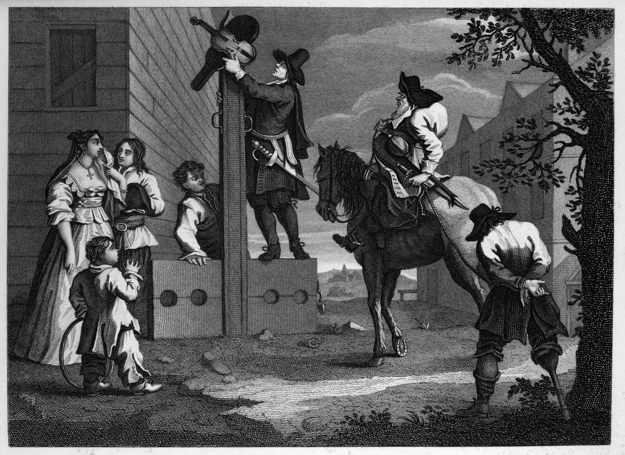 Hudibras y Ralpho llevan a su prisionero Crowdero a los cepos de William Hogarth