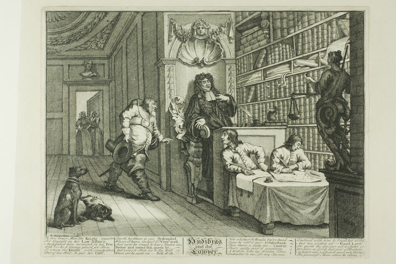 Hudibras y el abogado, lámina doce de Hudibras de William Hogarth