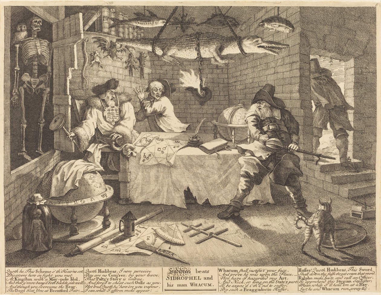 Hudibras golpea a Sidrophel y a su hombre Whacum de William Hogarth