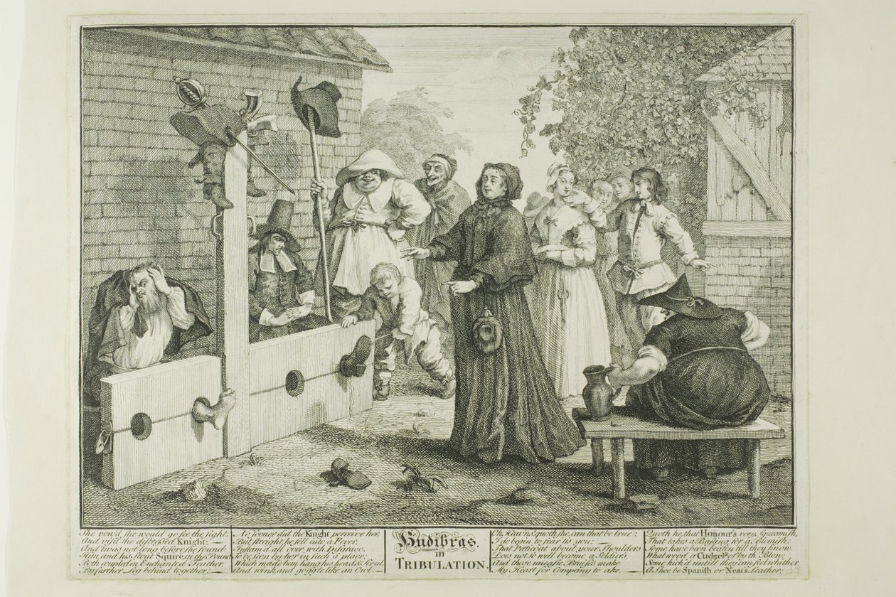 Hudibras en tribulación, lámina seis de Hudibras de William Hogarth