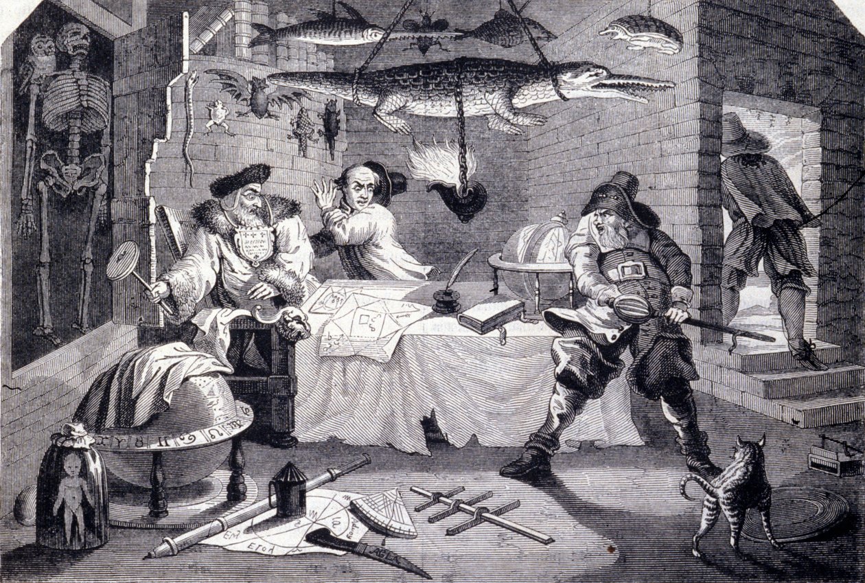 Hudibras ataca al astrólogo Sidrophel y a su ayuda de cámara Whacum. Grabado por William Hogarth para el poema 