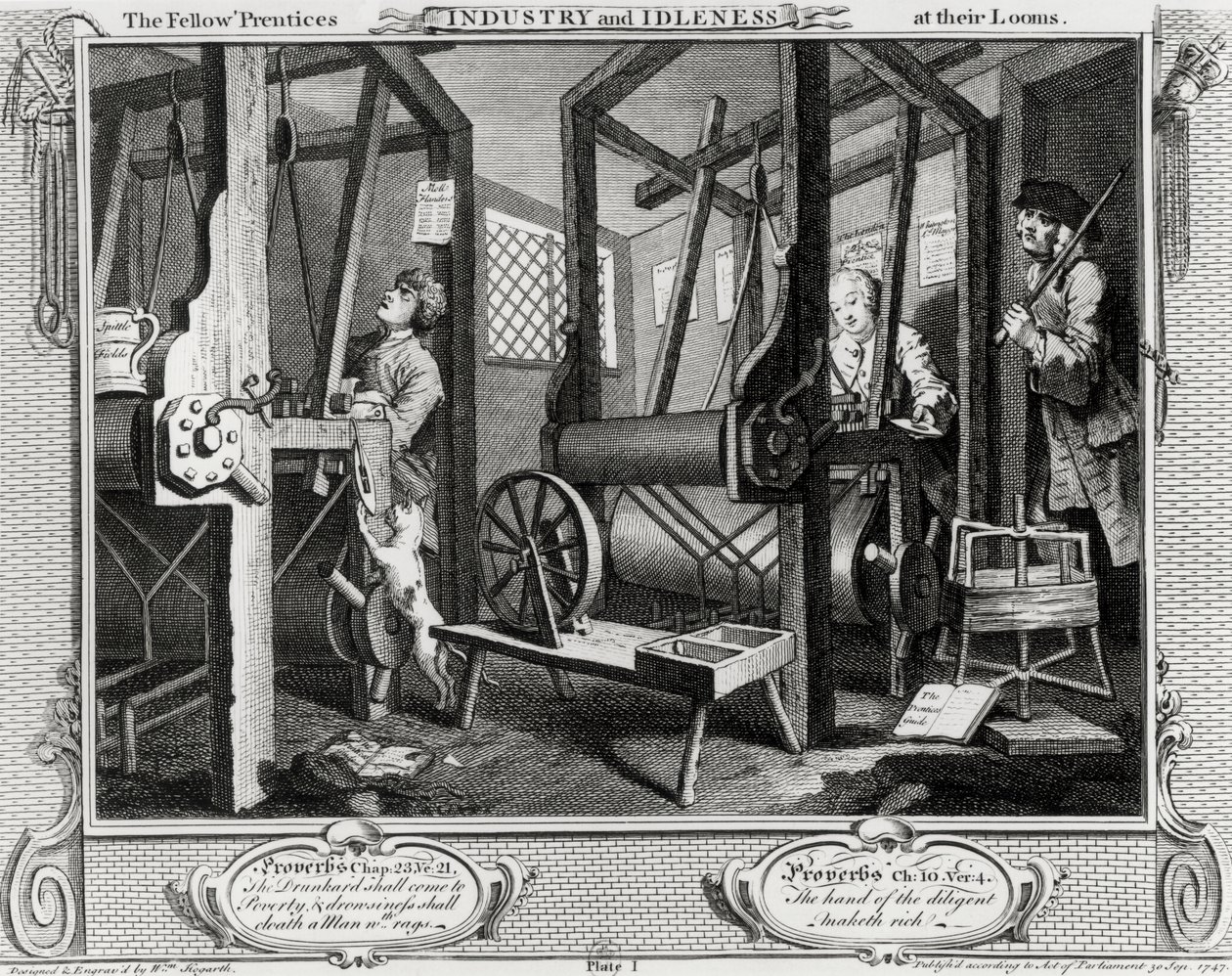 Industria y Ociosidad, Los Compañeros Aprendices en sus Telares, placa 1 de William Hogarth