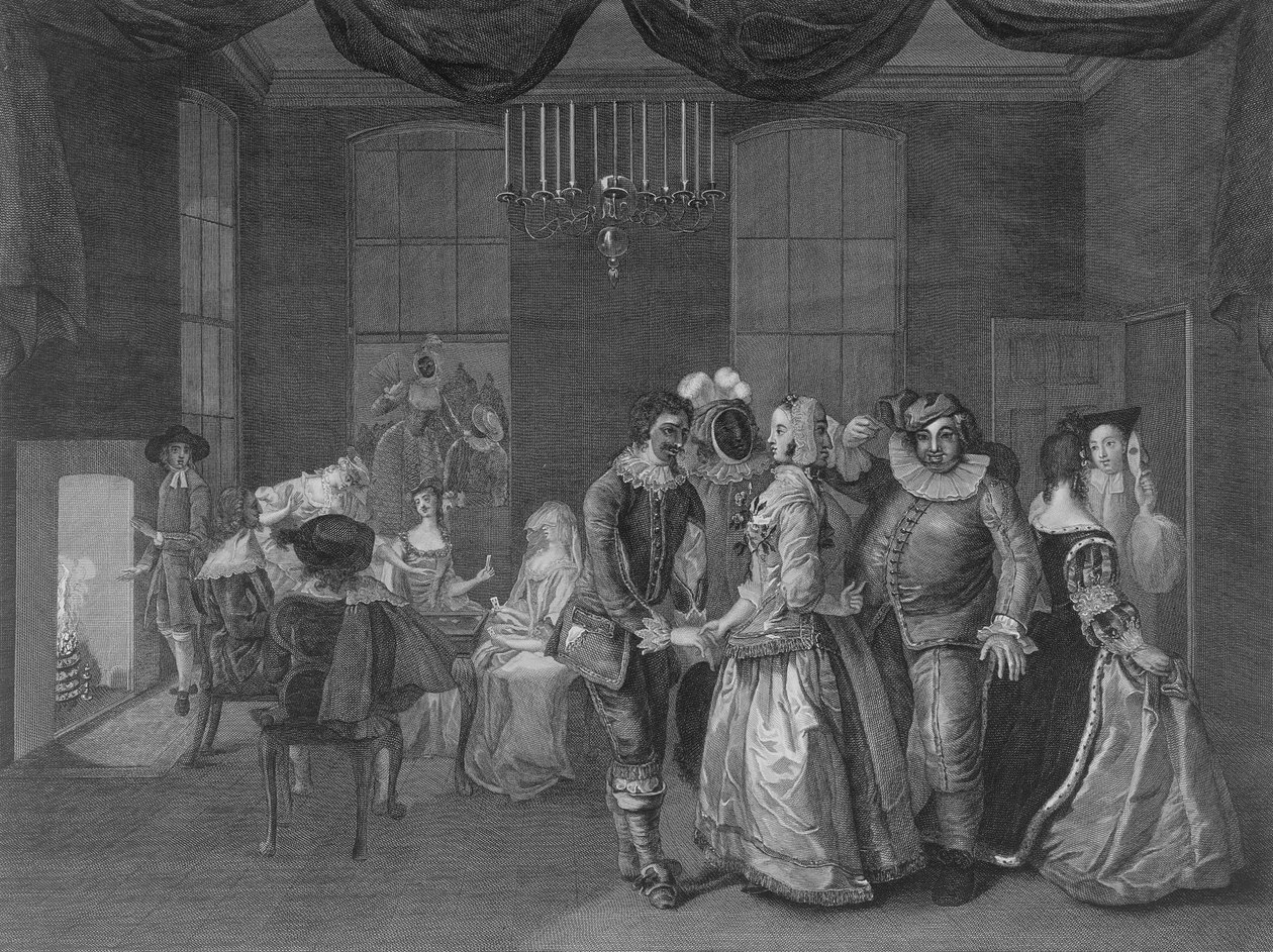 Vista interior de Somerset House mostrando figuras vestidas para un baile de máscaras, 1805 de William Hogarth