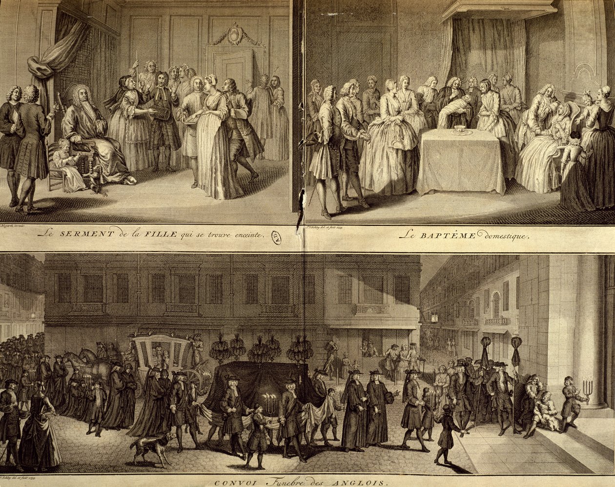 Juicio de una joven embarazada, bautismo y funeral de William Hogarth