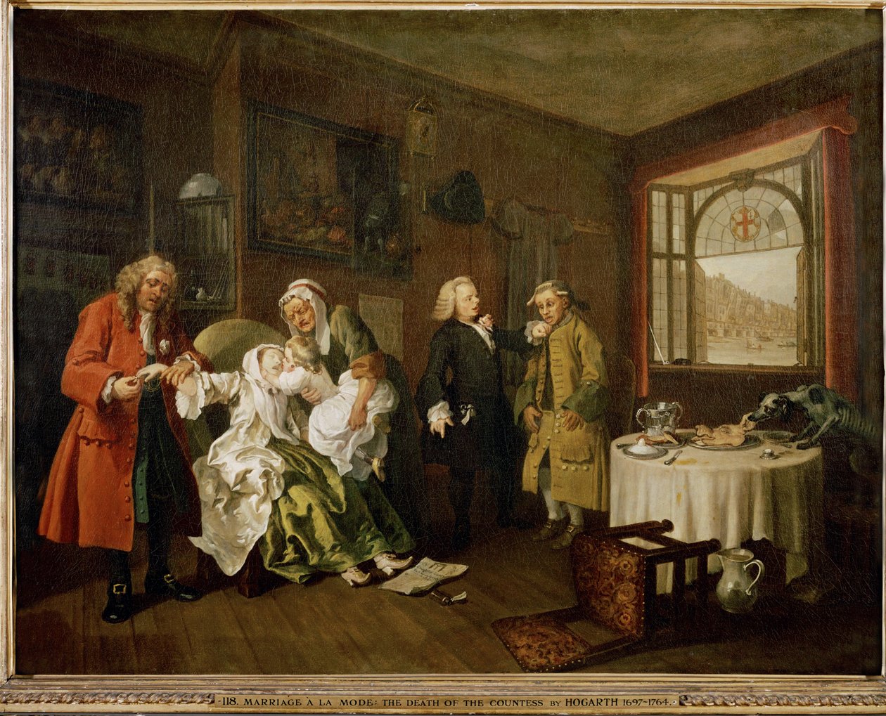 Matrimonio a la moda: 6. La muerte de la dama (óleo sobre lienzo) de William Hogarth