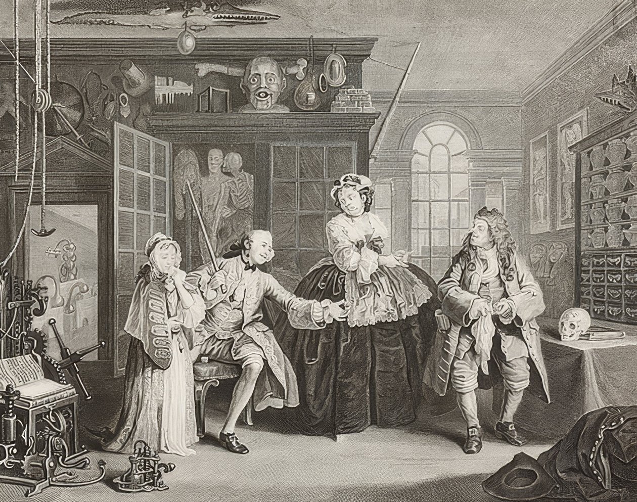 Marriage à la Mode / Matrimonio a la moda. Lámina 3: La inspección / El conde y el charlatán. 1745 de William Hogarth