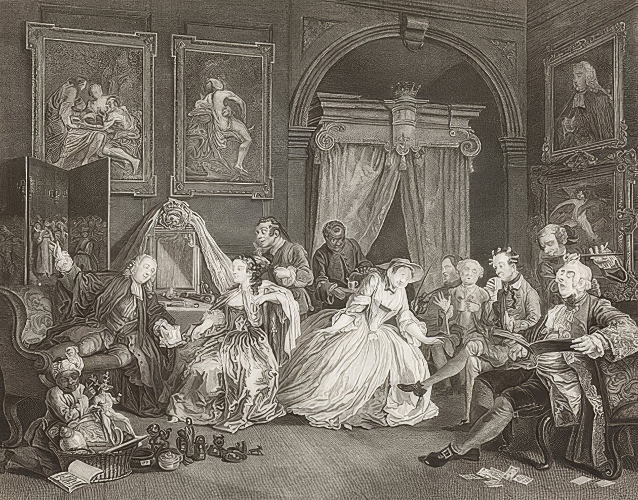 Marriage à la Mode / Matrimonio a la moda. Lámina 4: El tocador / El lever de la condesa. 1745 de William Hogarth