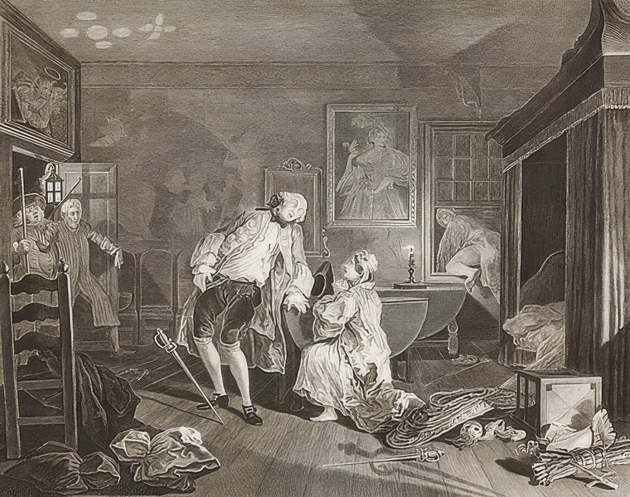 Marriage à la Mode / Matrimonio a la moda. Lámina 5: El Bagnio / El conde cae en el duelo. 1745 de William Hogarth