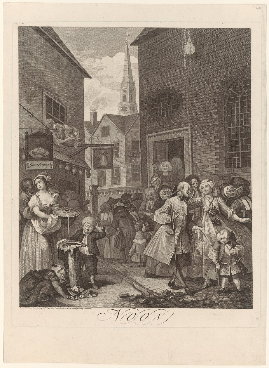 Mediodía, hoja 2 del episodio «Las cuatro horas del día» de William Hogarth