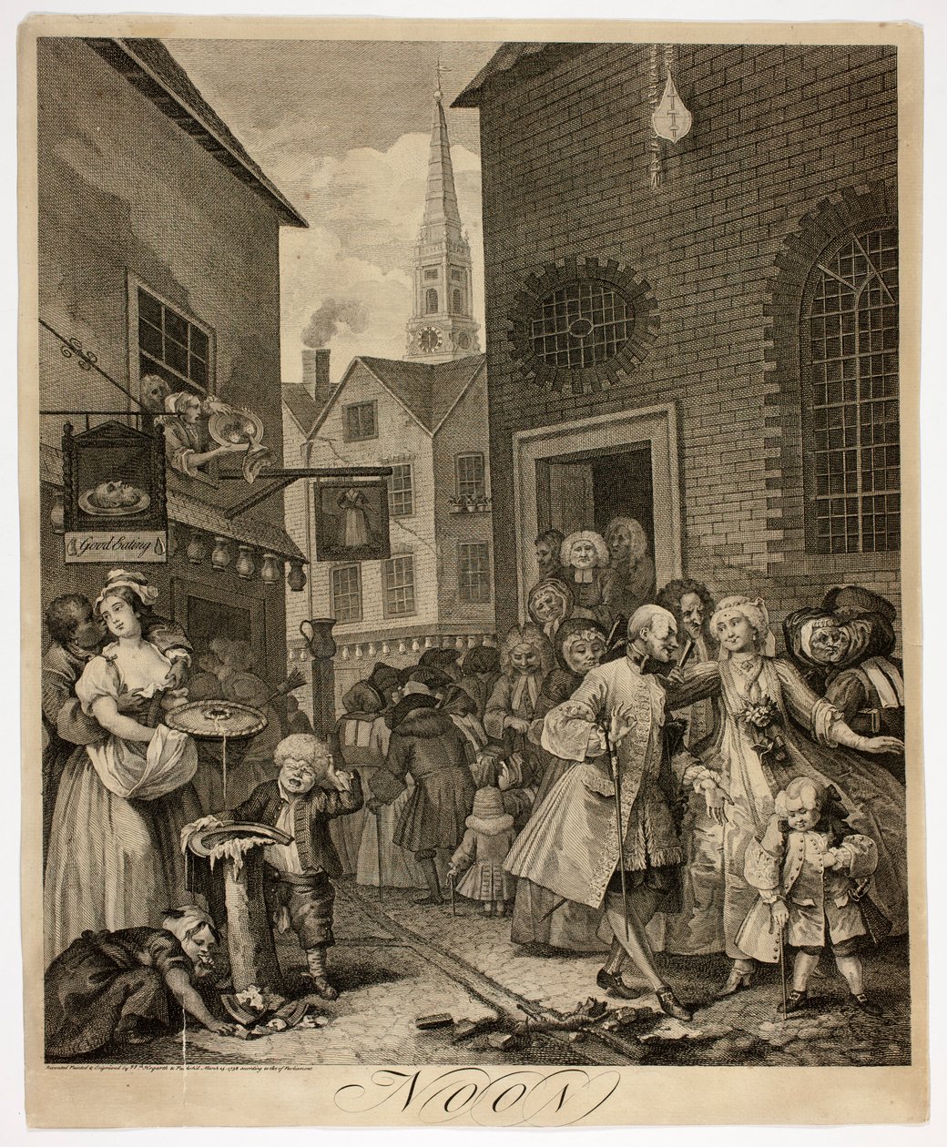 Mediodía, placa dos de Las cuatro horas del día de William Hogarth