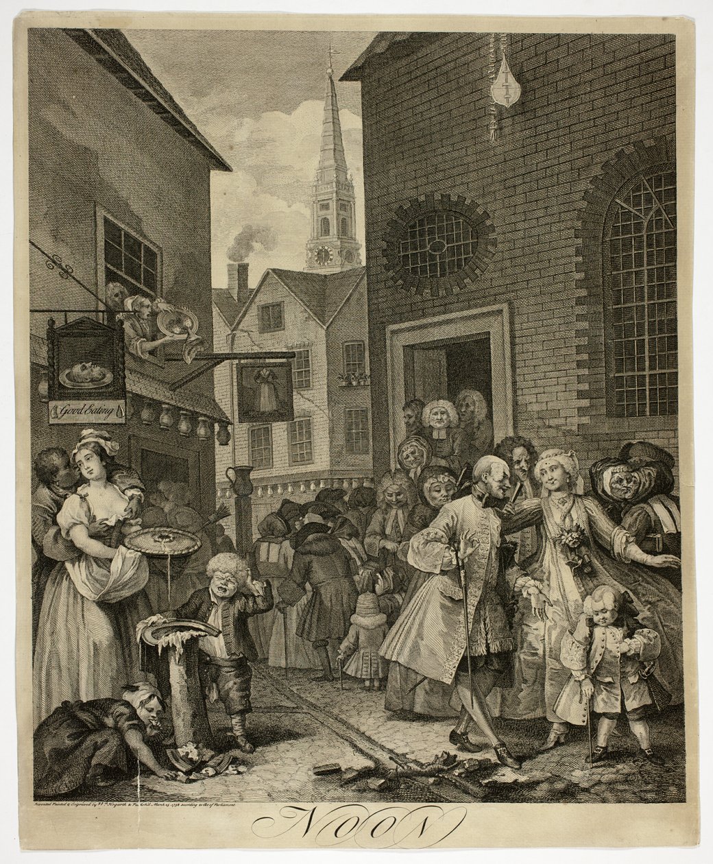 Mediodía, placa dos de Las cuatro horas del día de William Hogarth