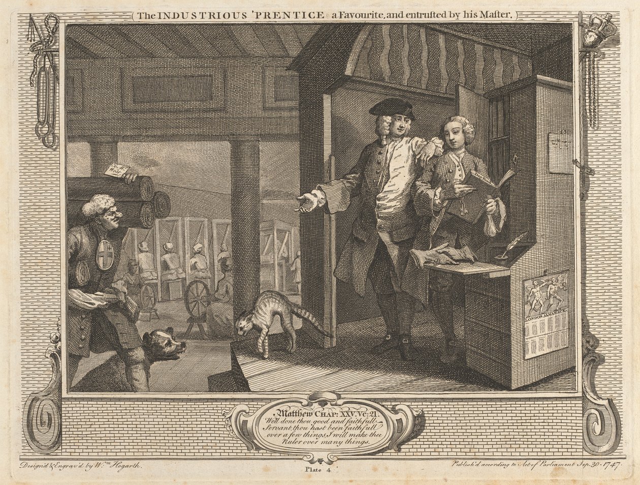 Lámina 4, El laborioso "aprendiz", favorito y confiado por su amo de William Hogarth