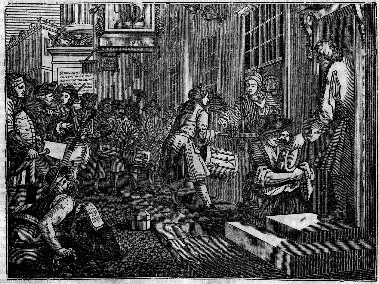 Placa de una serie de 12 grabados de William Hogarth (1697-1764), ilustrador británico, titulada “Industria y Ociosidad”, contando las carreras de dos aprendices: la boda de Goodchild con la hija de su maestro tejedor de William Hogarth