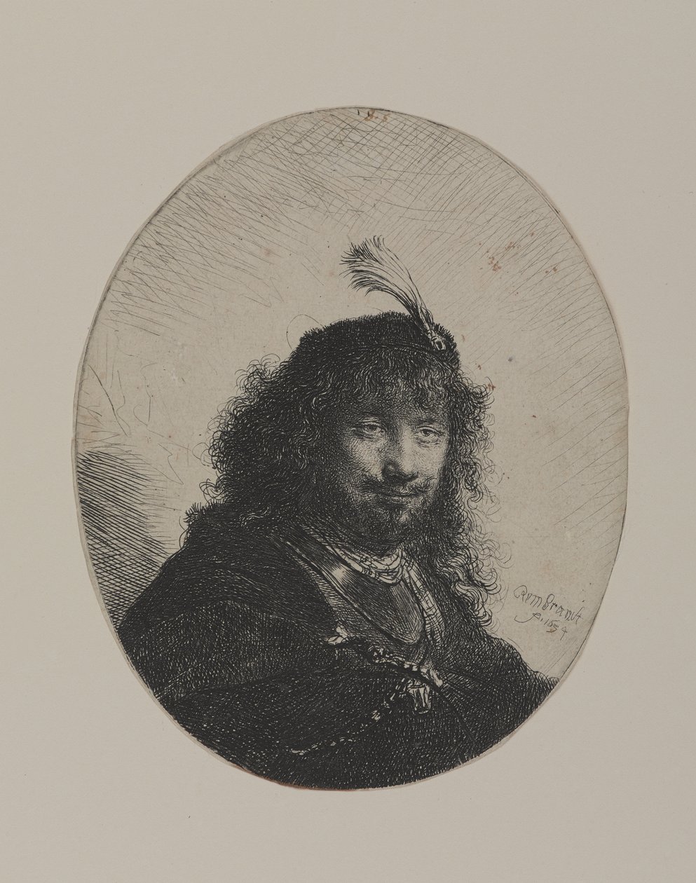 Rembrandt con gorra emplumada y sable bajado de William Hogarth