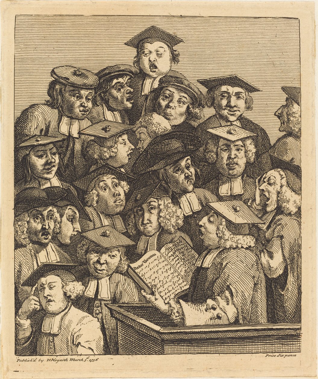 Estudiosos en una conferencia de William Hogarth