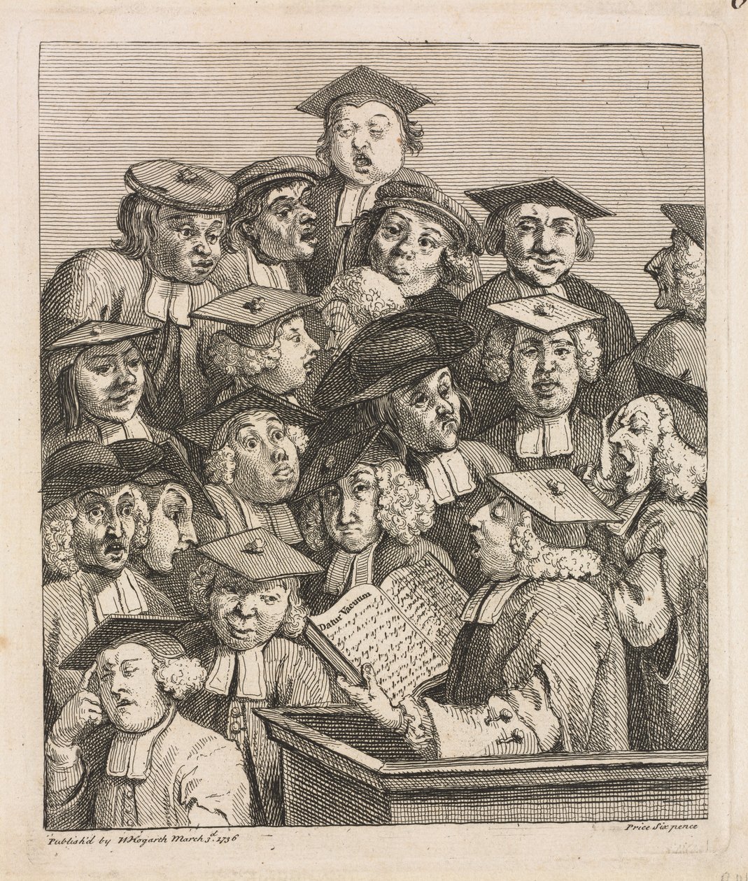 Académicos en una conferencia de William Hogarth