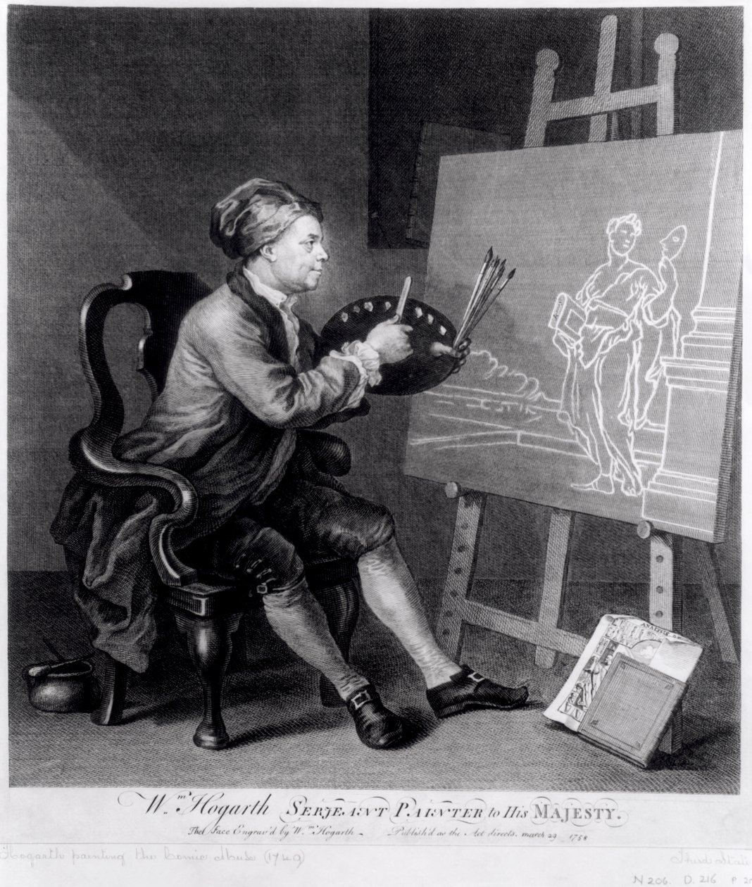 Autorretrato pintando la Musa Cómica, grabado por el artista, pub. 1758 de William Hogarth