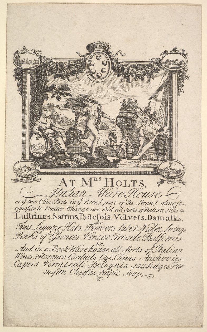 Tarjeta de tienda para el almacén italiano de la Sra. Holt de William Hogarth