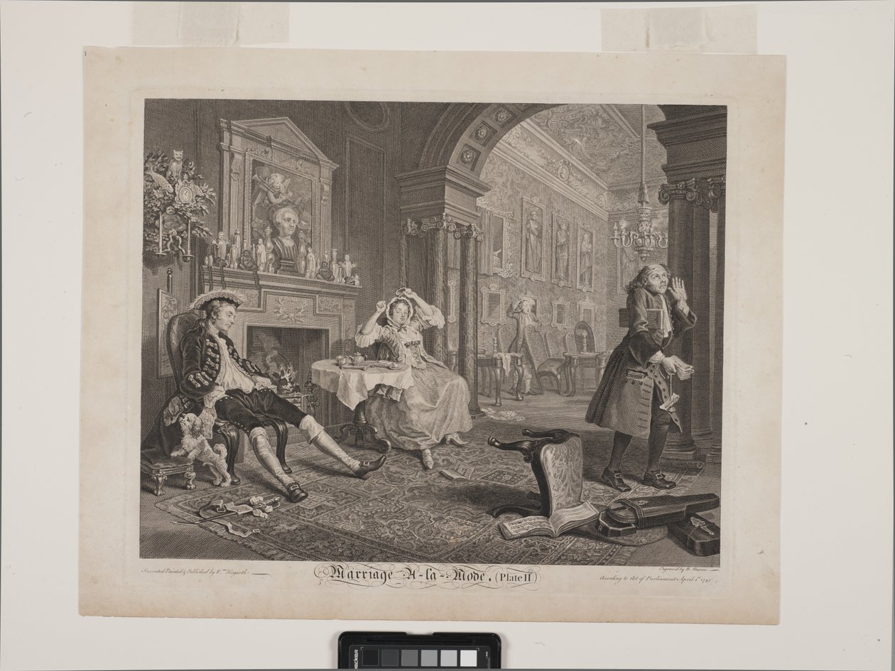 La escena del desayuno: Marriage À La Mode, Lámina 2 (ecthing y grabado) de William Hogarth