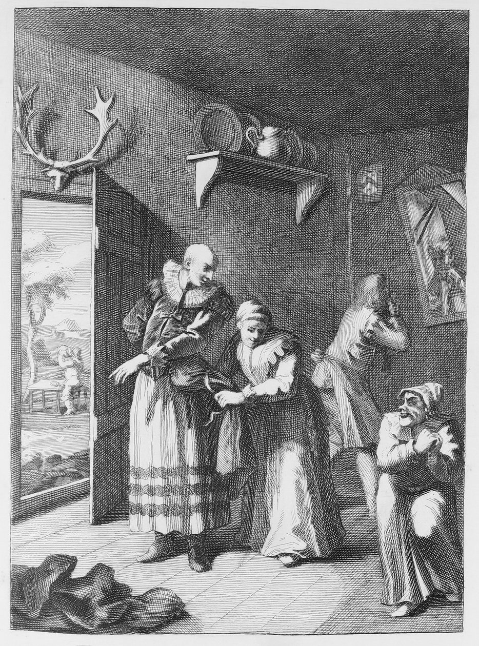 El cura y el barbero disfrazándose para llevar a Don Quijote a casa de William Hogarth