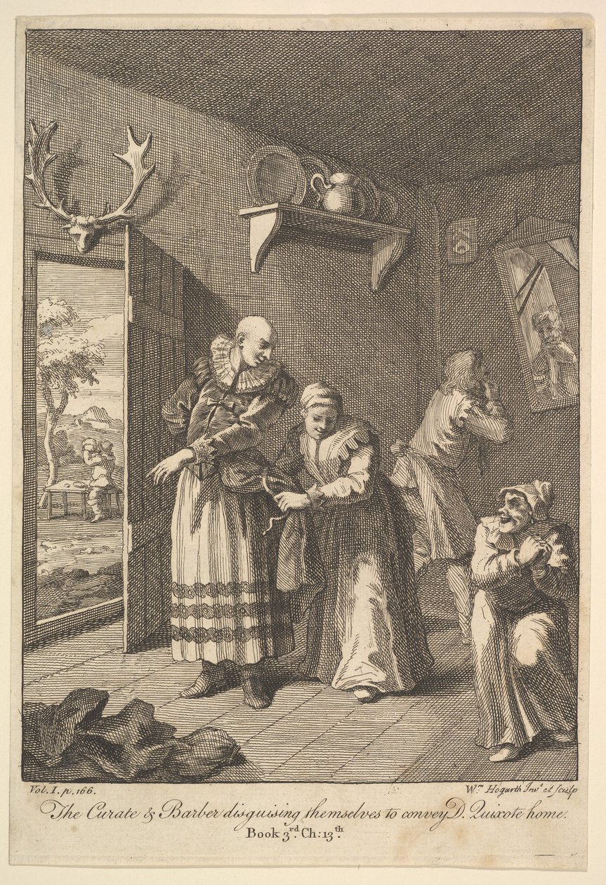 El cura y el barbero disfrazándose para llevar a Don Quijote a casa de William Hogarth