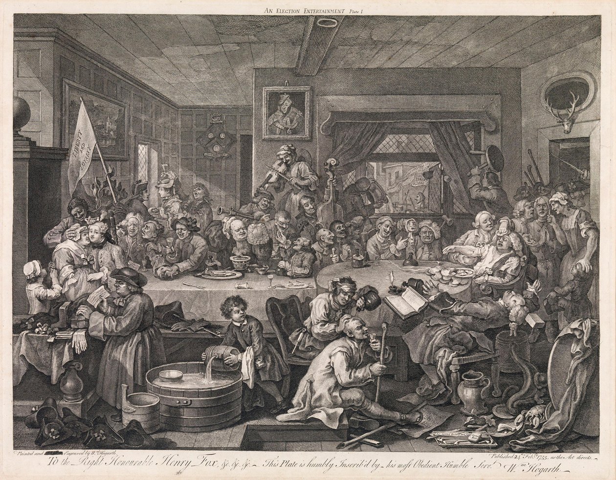 La elección, lámina 1: «Un banquete electoral» de William Hogarth
